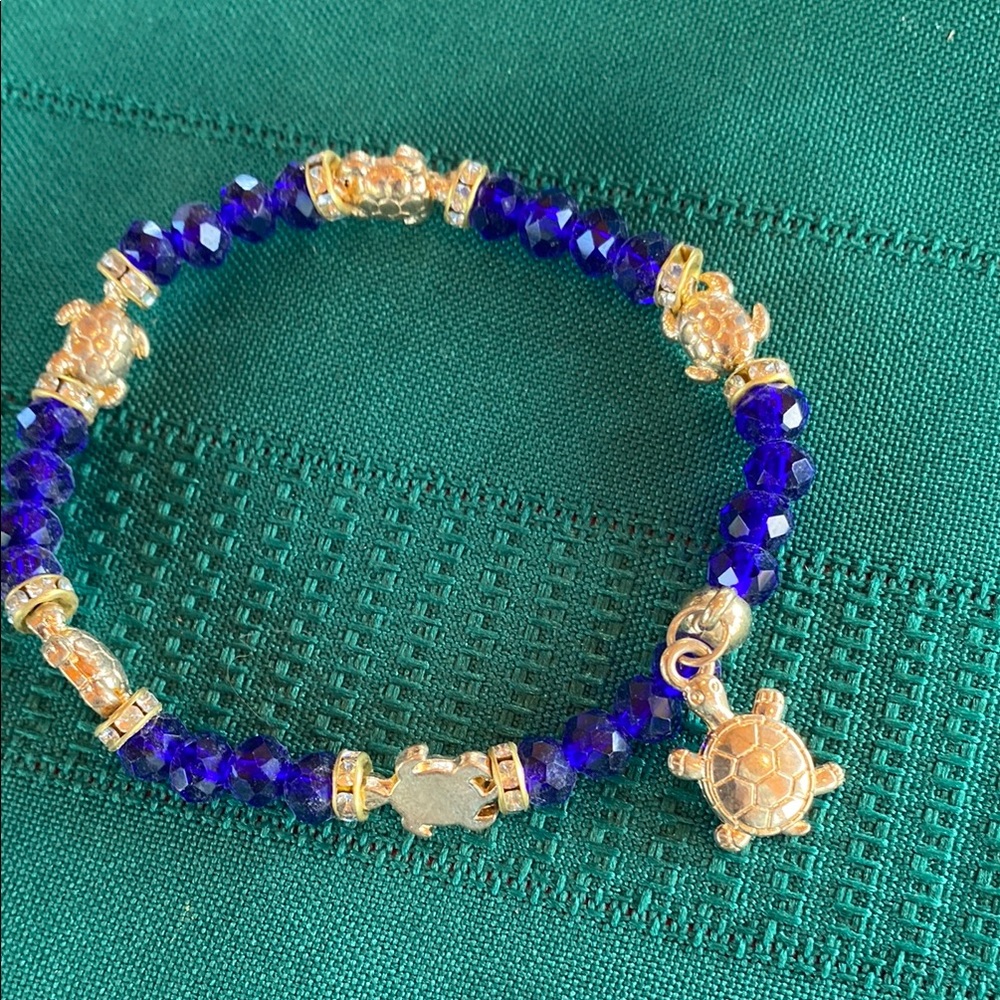 Blue and Gold Turtle Beaded Bracelet